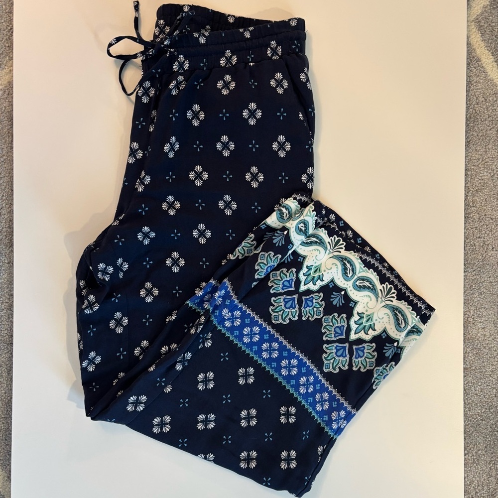 Loft Women's‎ Small Navy Floral Cropped Ankle Pants Drawstring Wide-Leg Boho
